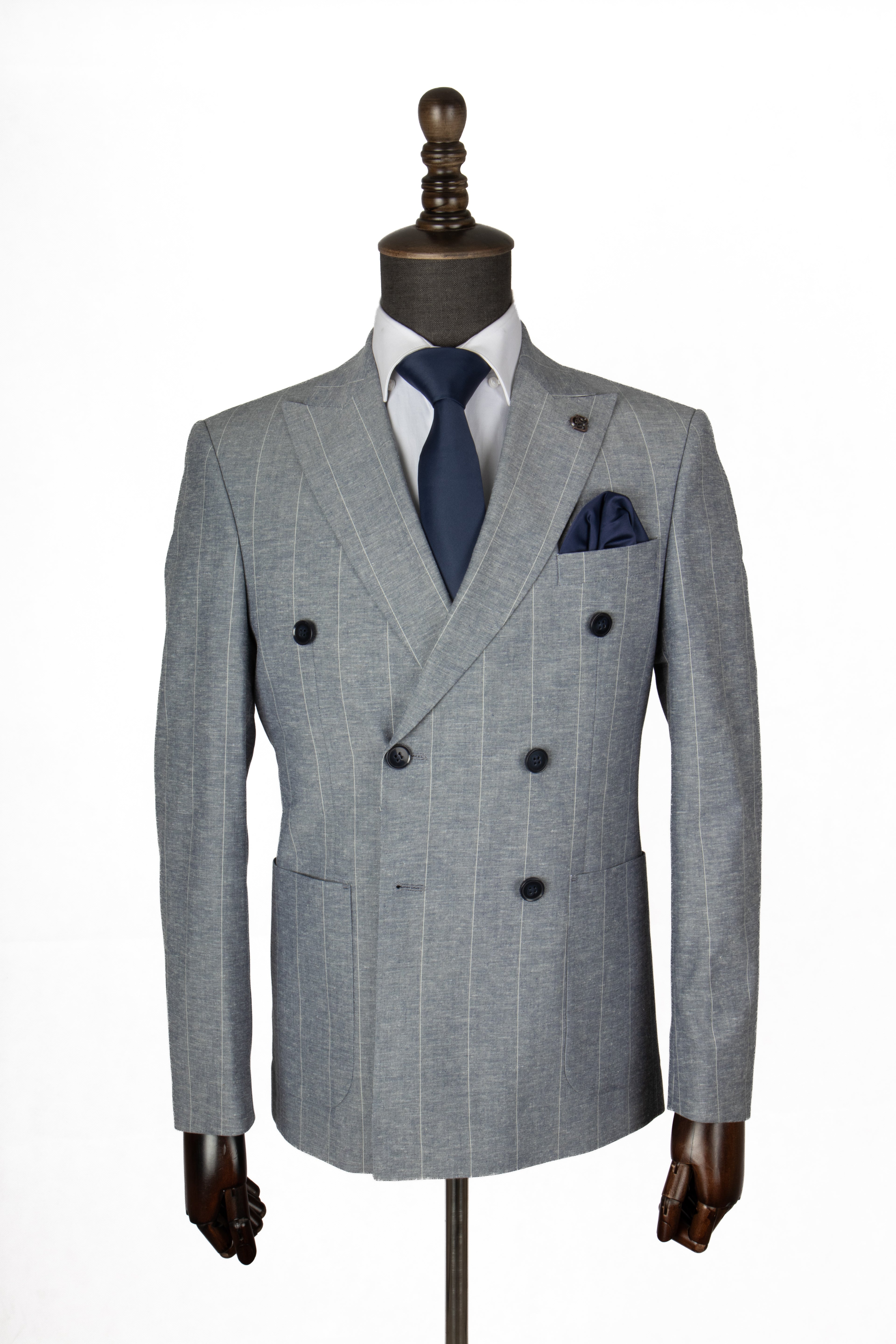Sky Blue Pinstripe Double-Breasted Suit Jacket