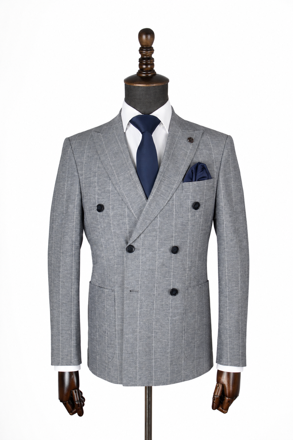 Sky Blue Pinstripe Double-Breasted Suit Jacket