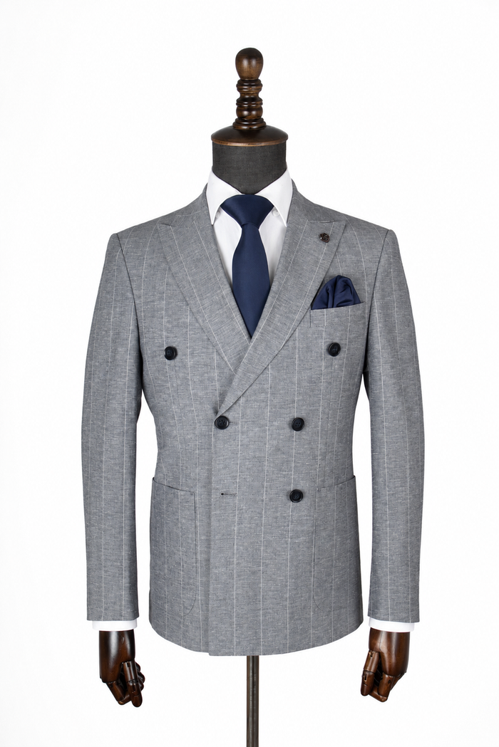 Sky Blue Pinstripe Double-Breasted Suit Jacket